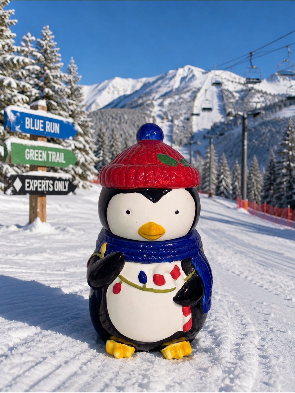 Festive penguin cookie jar